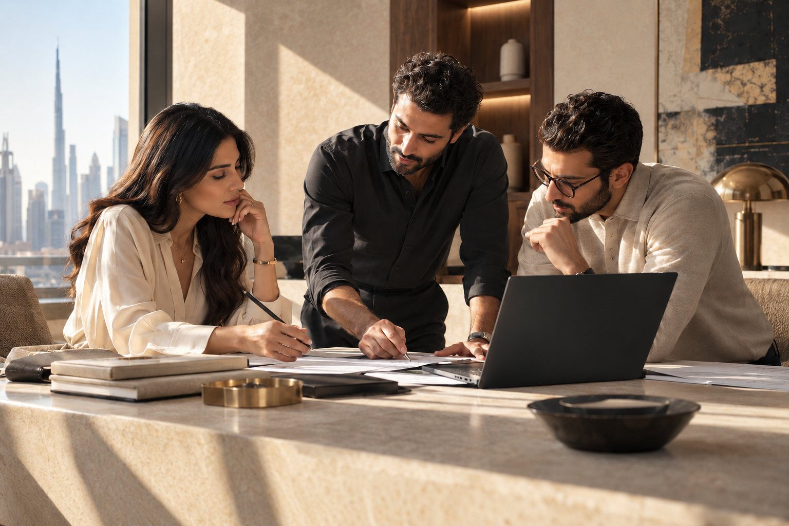 Three professionals reviewing documents together around a laptop at a stone table, with a city skyline visible through the window.