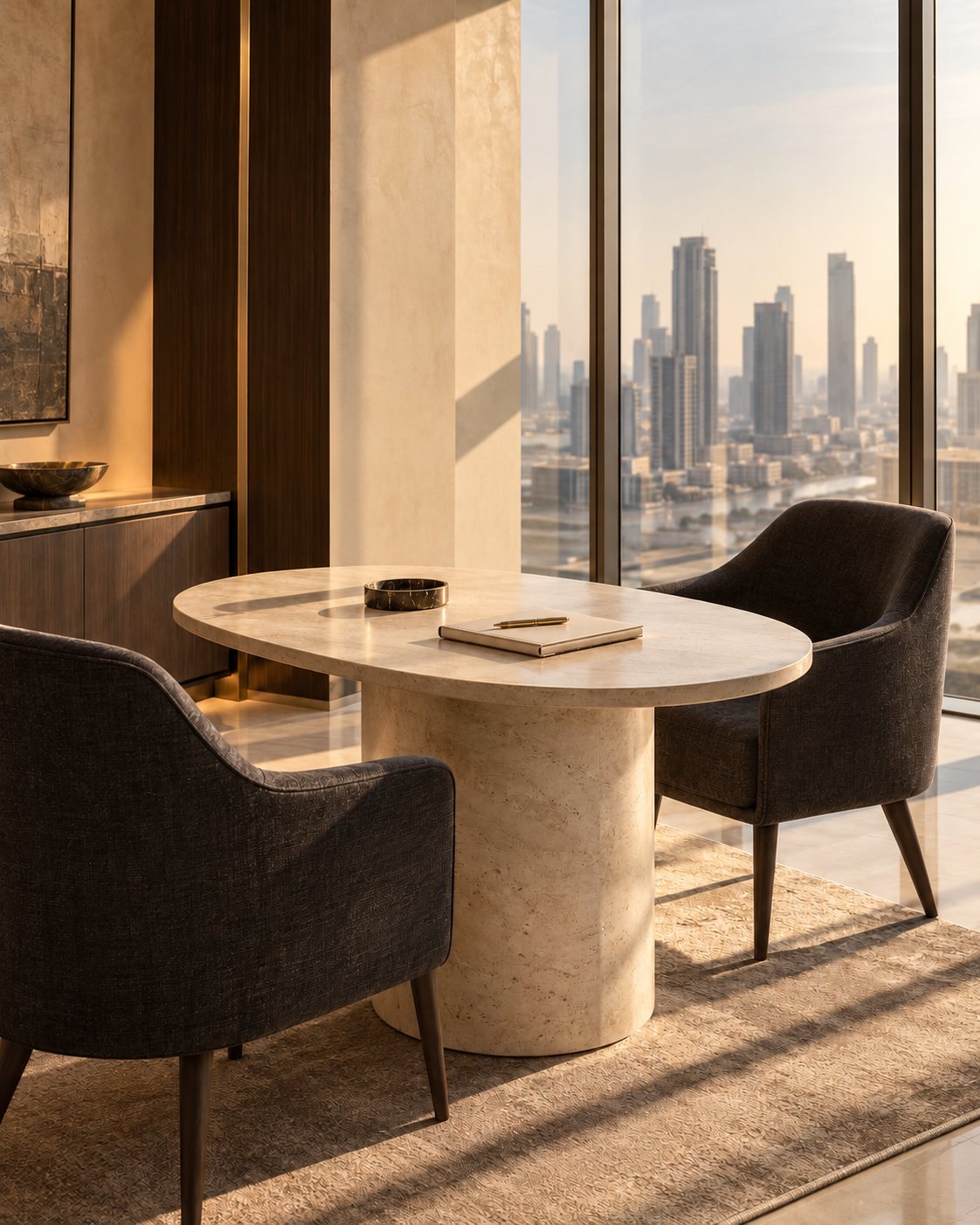 A sunlit meeting area with two dark upholstered chairs around a pale stone table, overlooking a city skyline.