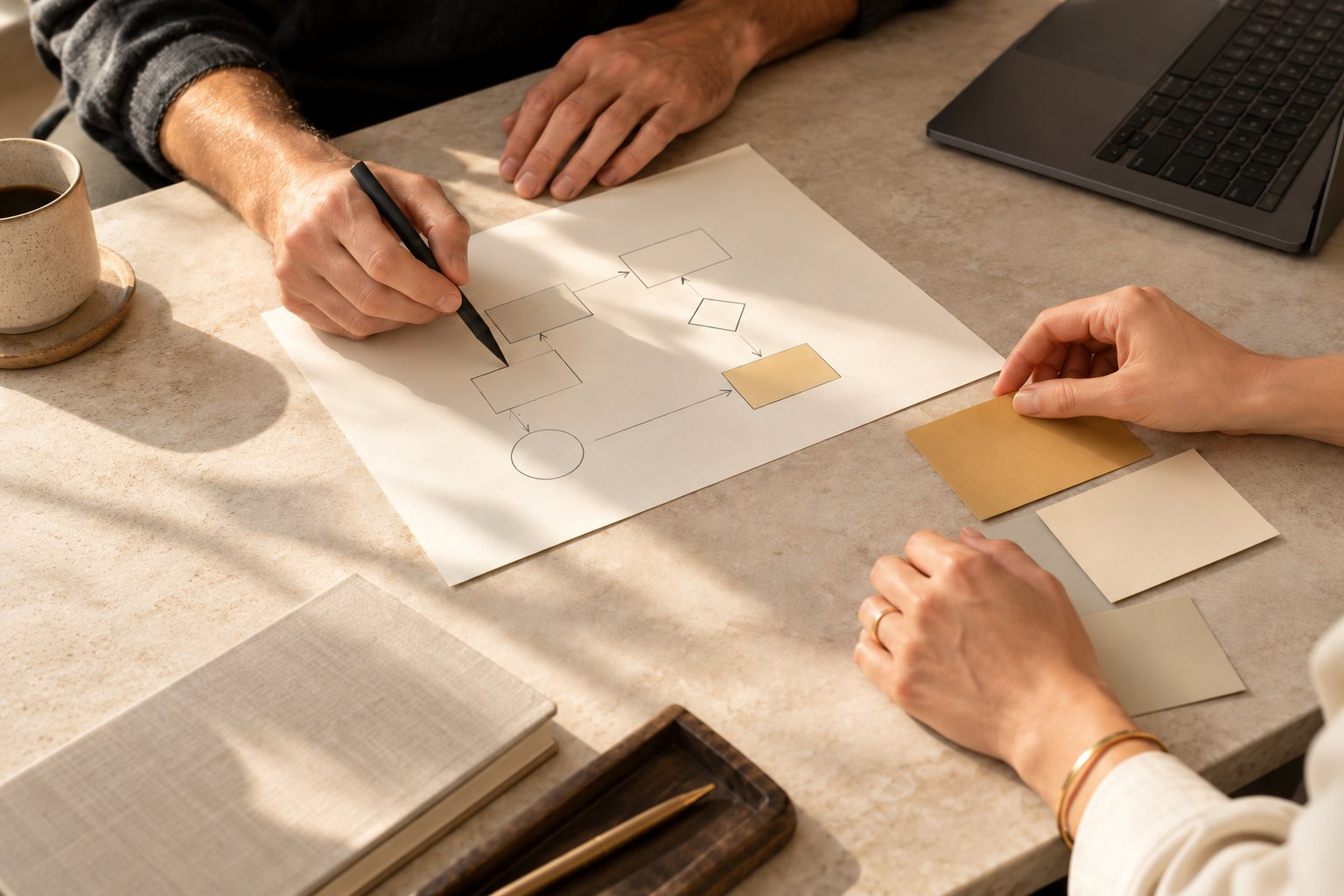 Close-up of hands sketching a workflow diagram on paper, beside colour cards, a laptop and a coffee cup on a stone table.
